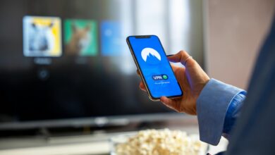 Hand holding streaming device remote control with Netflix interface on television screen