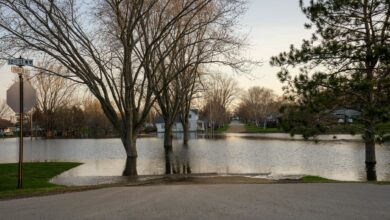 Aerial view of flooded residential area with houses partially submerged in muddy water