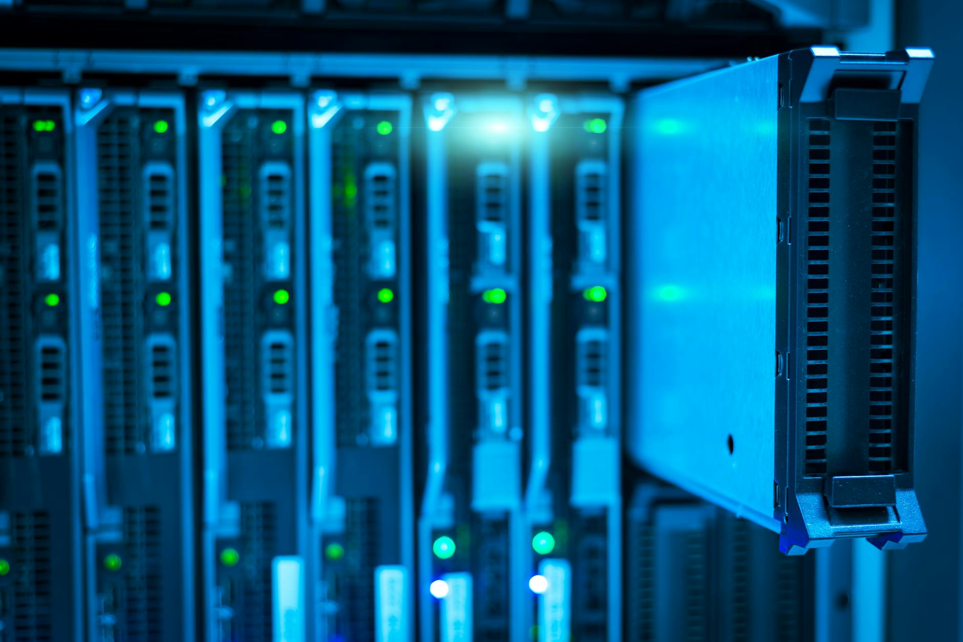 Data center server room with rows of networking equipment and security infrastructure