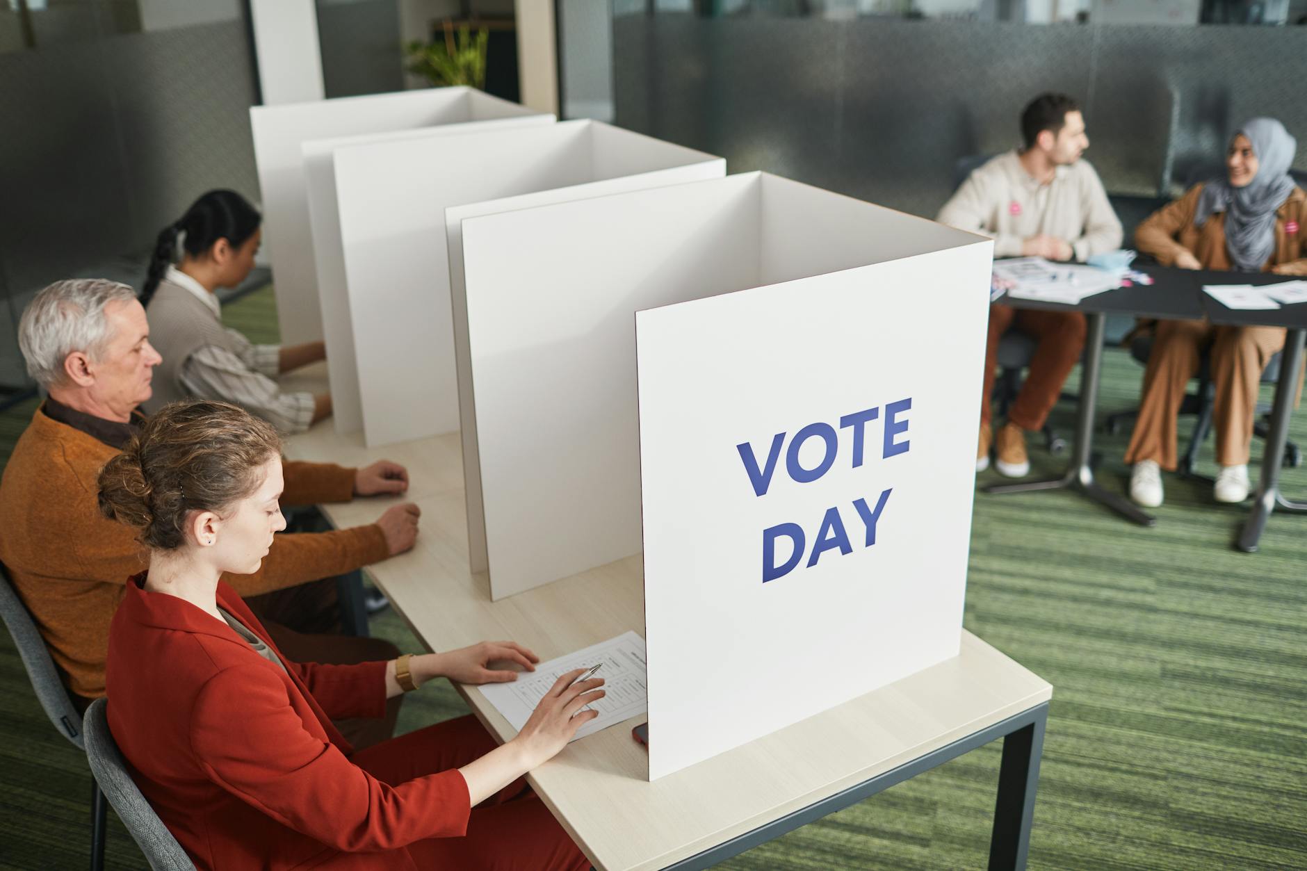 American voting booth with privacy curtain and ballot station