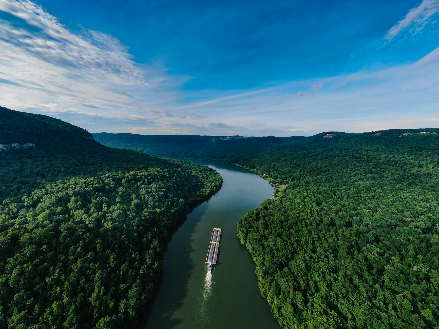 Aerial view of a major waterway connecting two bodies of water