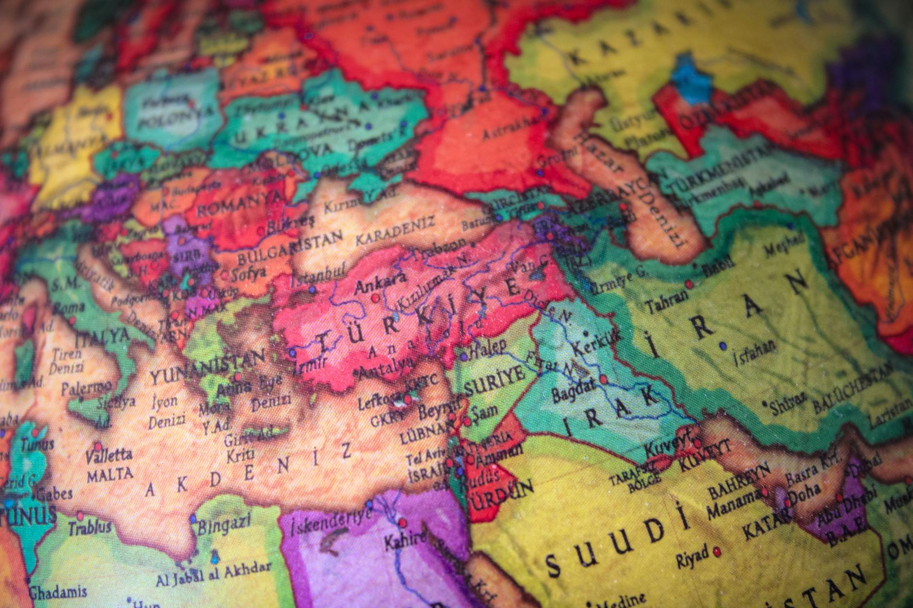 Global map showing strategic regions and international boundaries