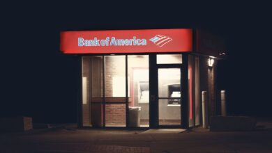 Exterior of a commercial bank branch with glass facade and signage