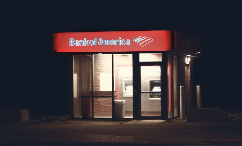 Exterior of a commercial bank branch with glass facade and signage