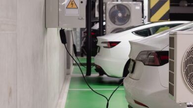 Electric vehicle connected to a charging station in a parking lot