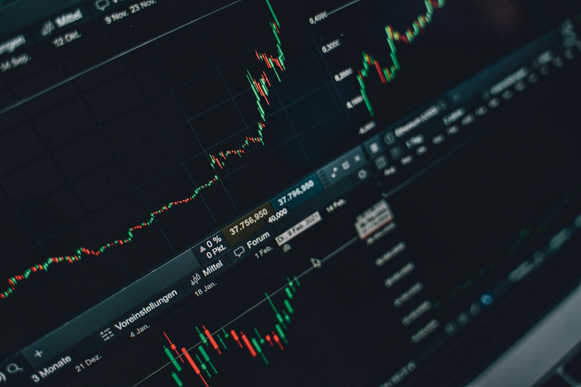 Stock market trading floor with financial data displays and traders