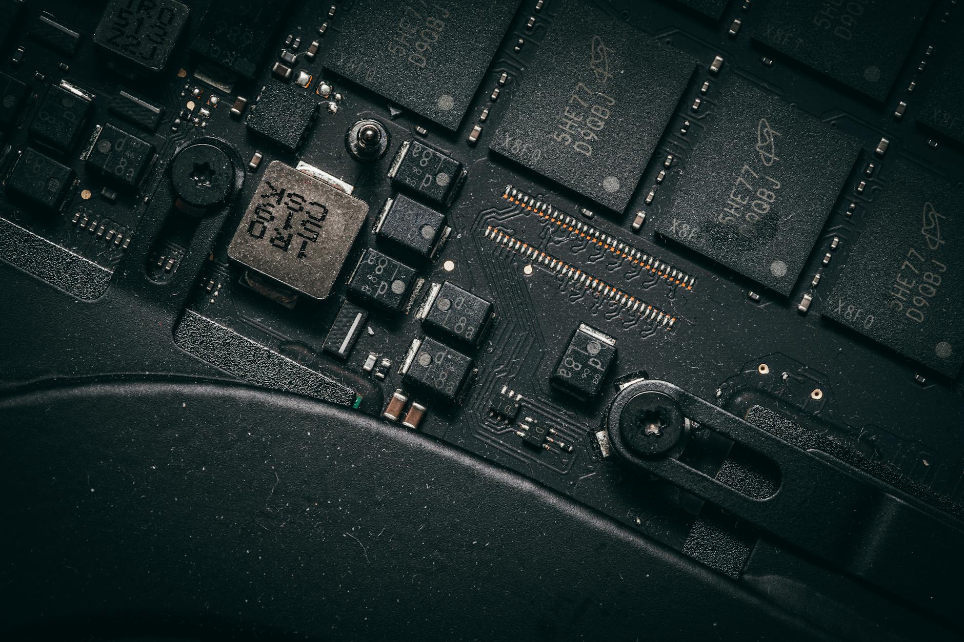 Close-up of an advanced microchip circuit board used in electronics manufacturing