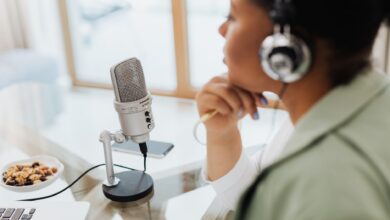 A professional podcast recording studio with microphones and audio equipment