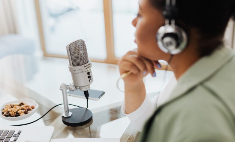 A professional podcast recording studio with microphones and audio equipment