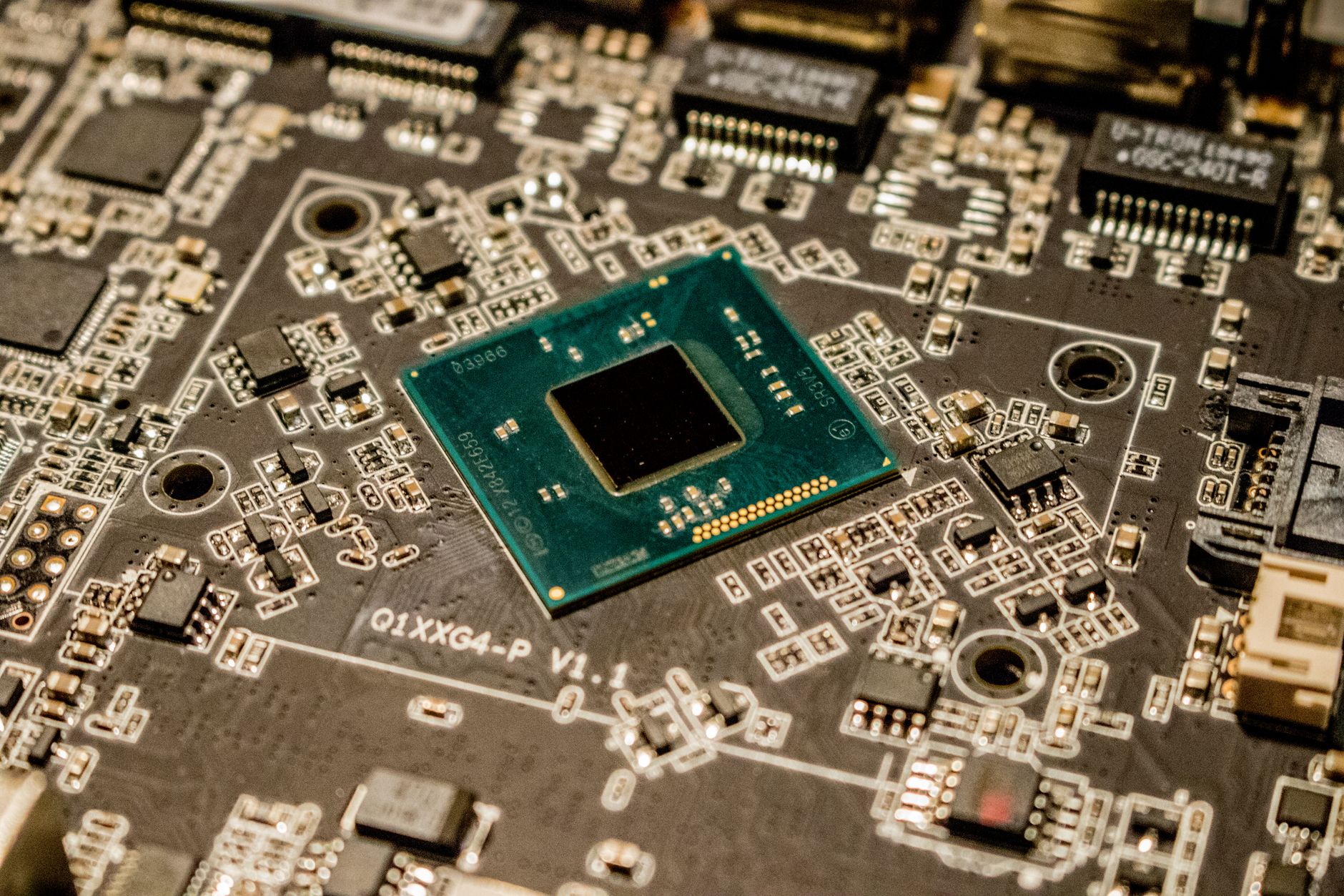 Close-up of a semiconductor processor chip on a circuit board