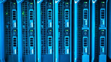 Rows of servers inside a large data center facility representing cloud infrastructure