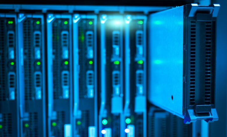 Rows of servers in a large data center facility