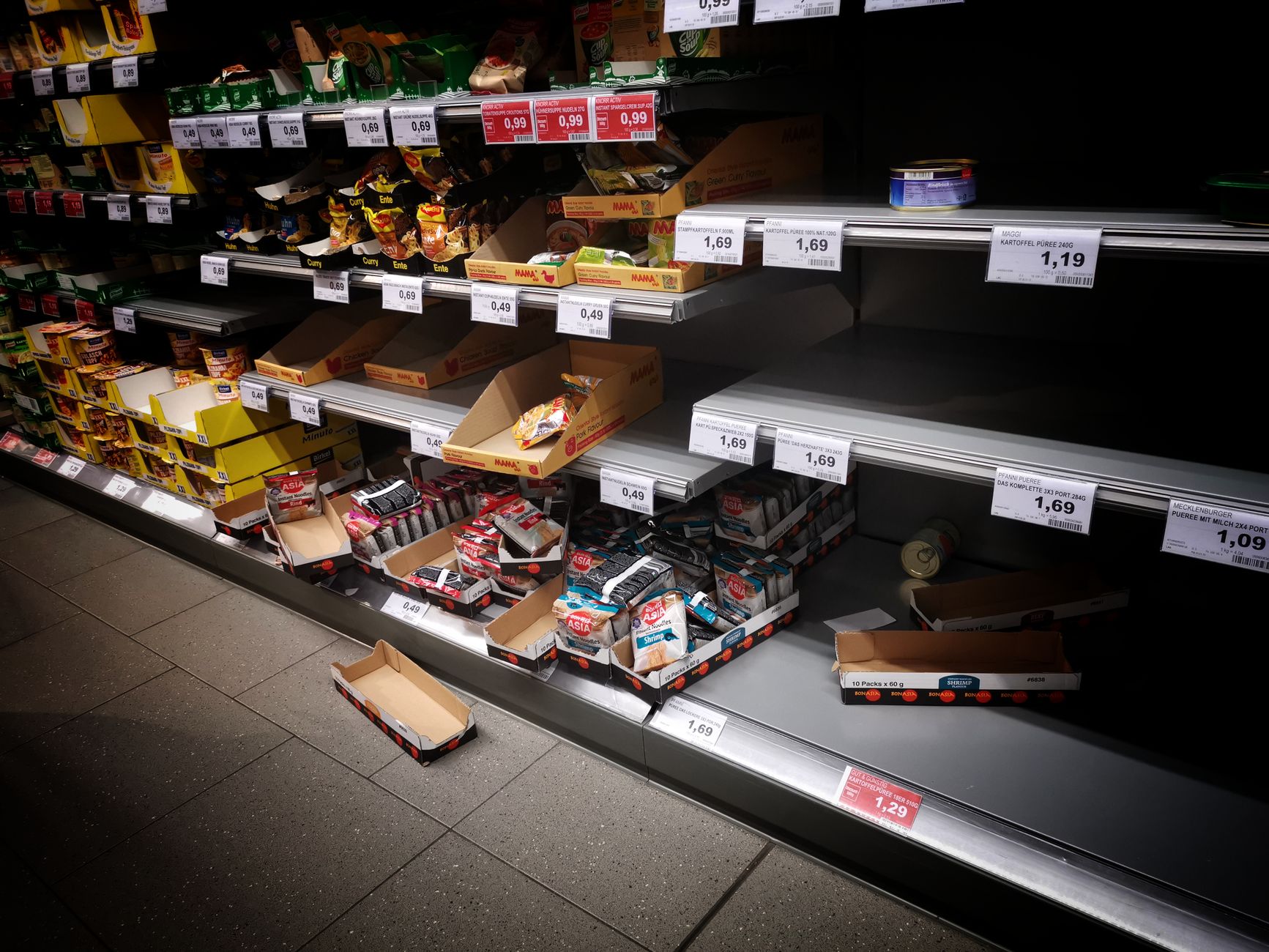 Consumer goods brands stacked on supermarket shelves in a retail store