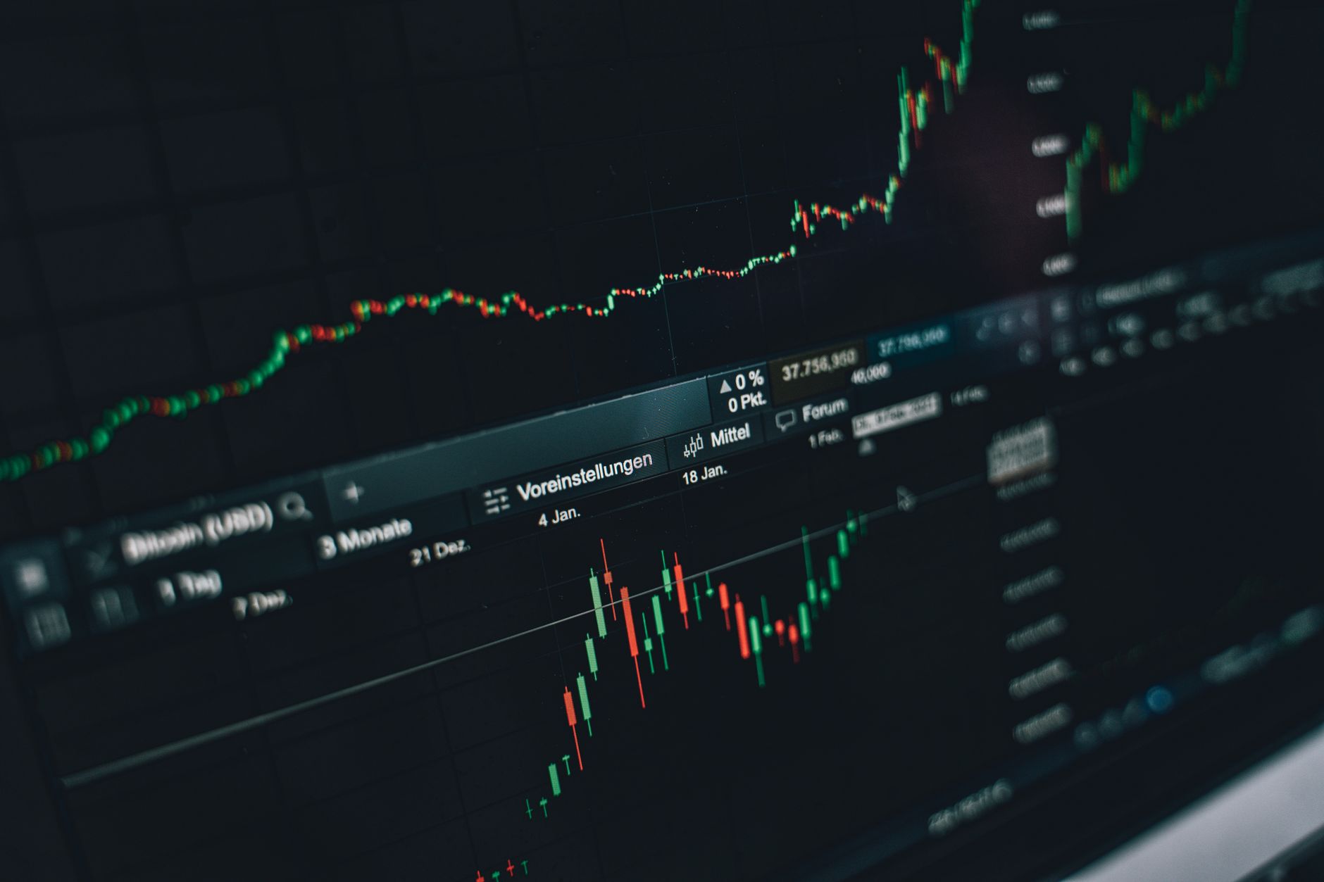 Cryptocurrency price chart displayed on a computer monitor showing market volatility