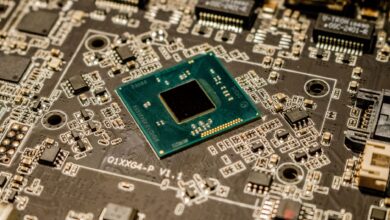 Close-up of advanced semiconductor chips on a circuit board representing Nvidia GPU hardware