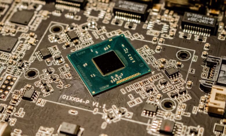 Close-up of advanced semiconductor chips on a circuit board representing Nvidia GPU hardware