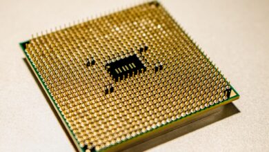 Close-up of a semiconductor processor chip on a circuit board