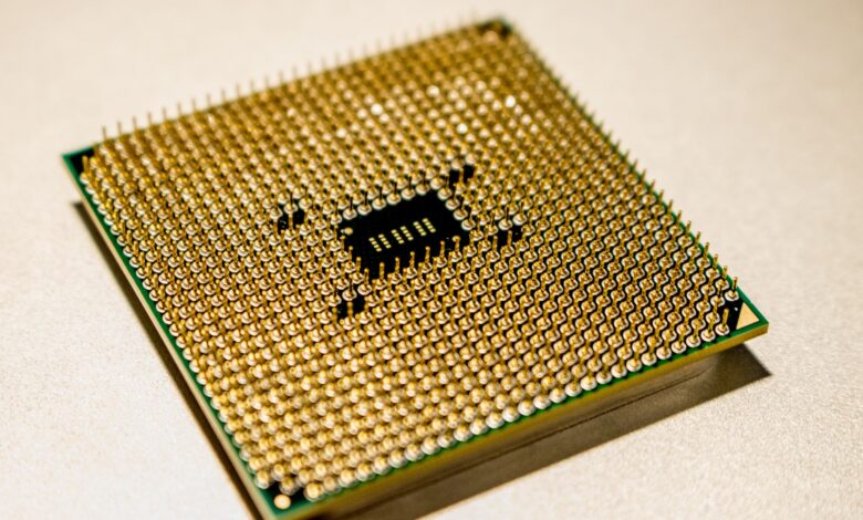 Close-up of a semiconductor processor chip on a circuit board